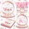 140Pcs Baby Shower Decorations for Girls,Pink Girl Baby Shower Gender Reveal Birthday Decorations Party Tableware Set Paper Plates Cups Napkins Plastic Forks Knives Spoon for 20 Guests